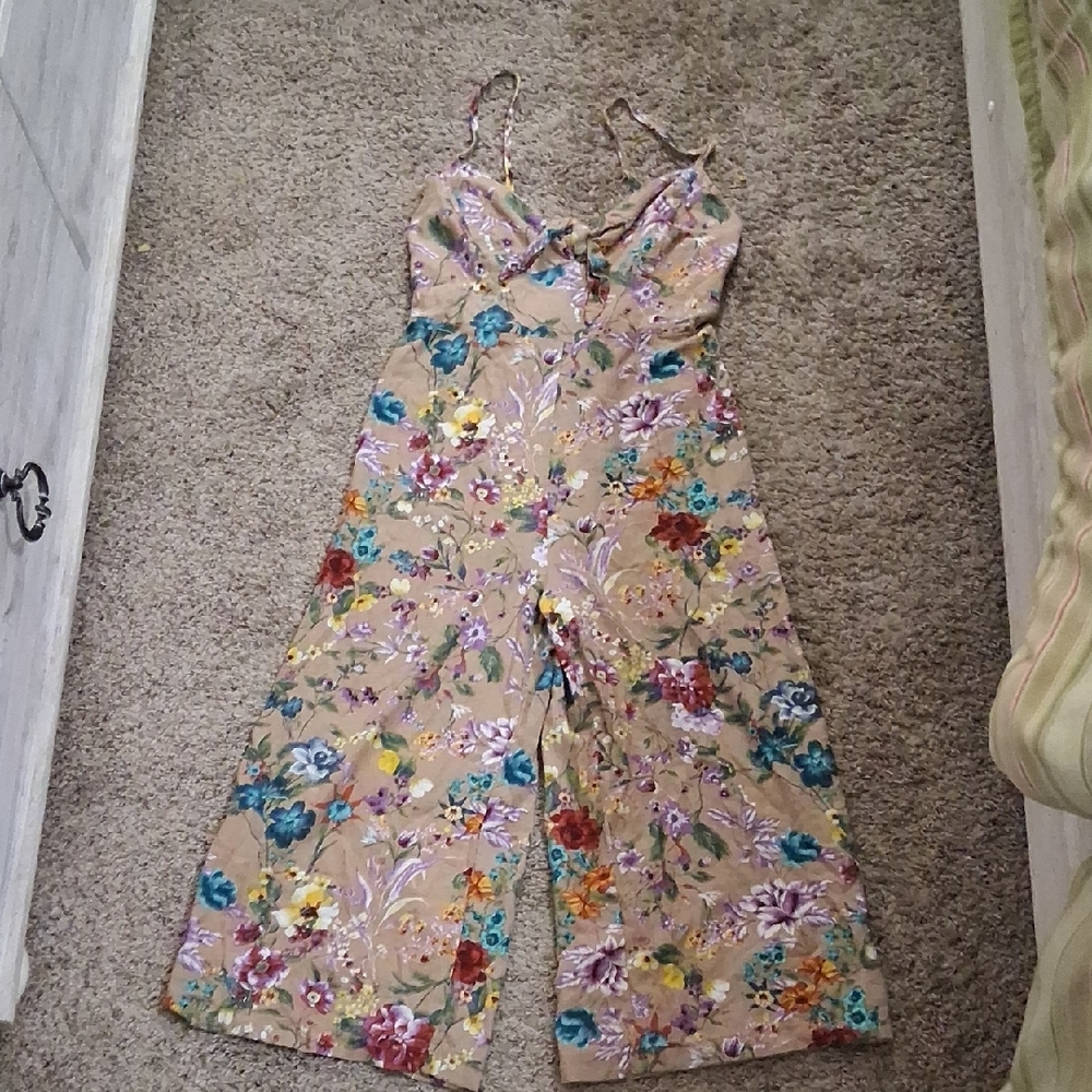 Sweet Rain Tan and Red Floral Jumpsuit